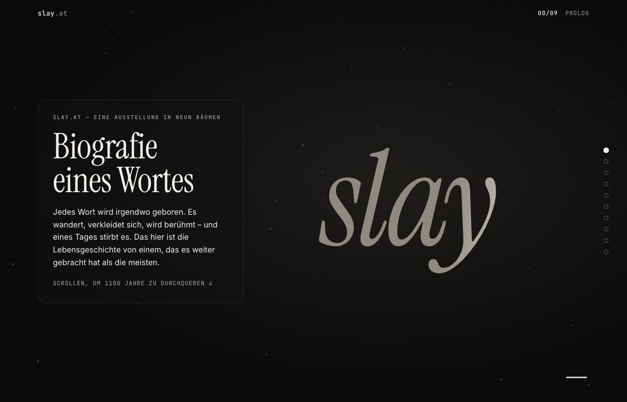 Website von slay.at mit der Überschrift Biografie eines Wortes und großem slay-Schriftzug, Desktopansicht