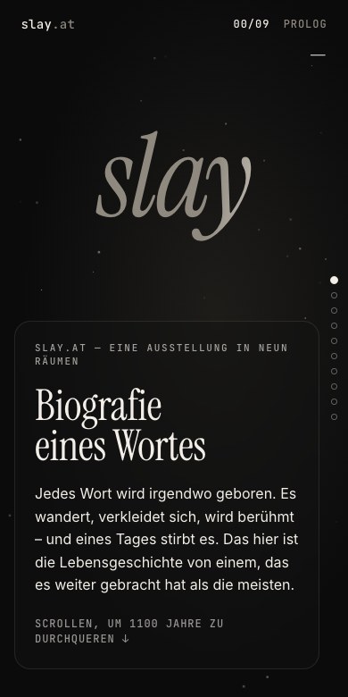 Website von slay.at mit der Überschrift Biografie eines Wortes und großem slay-Schriftzug, Handyansicht