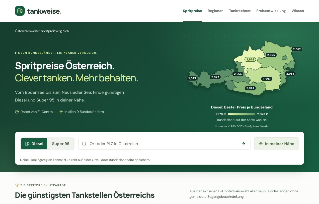 Tankweise-Website mit Österreichkarte und Spritpreissuche, Desktopansicht
