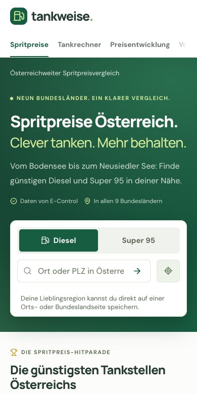 Tankweise-Website mit Österreichkarte und Spritpreissuche, Handyansicht