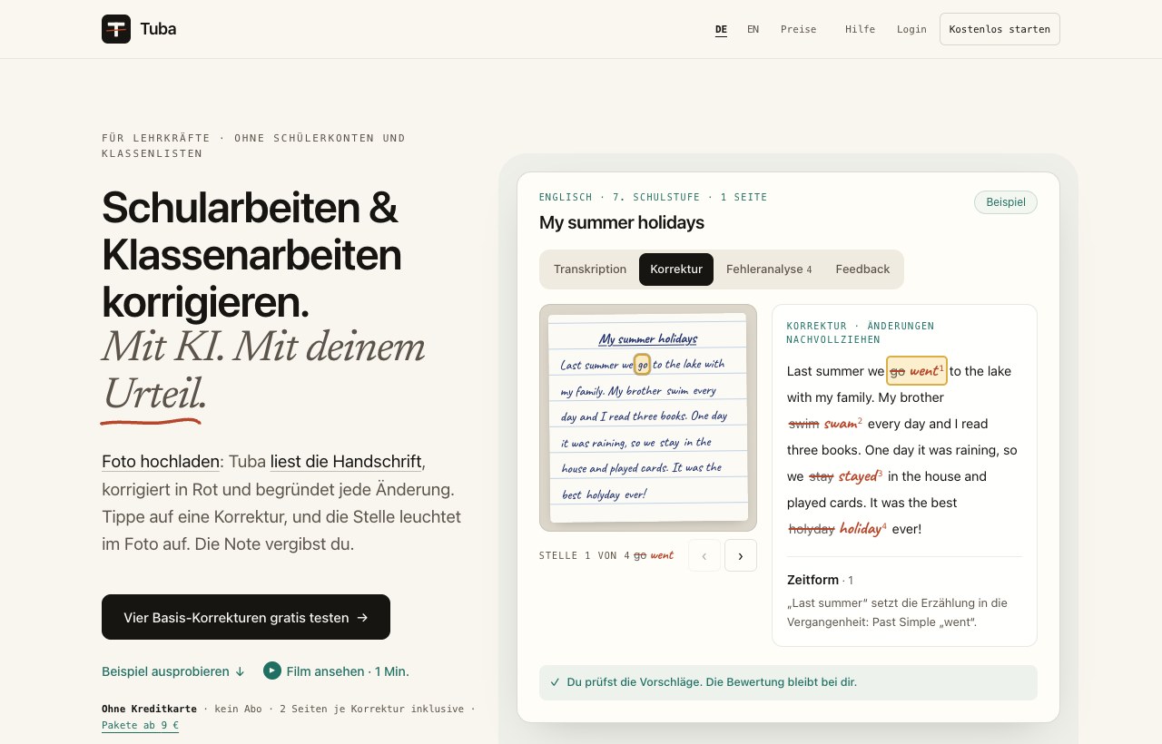 Website von Tuba mit Korrekturbeispiel und fotografierter Handschrift, Desktopansicht